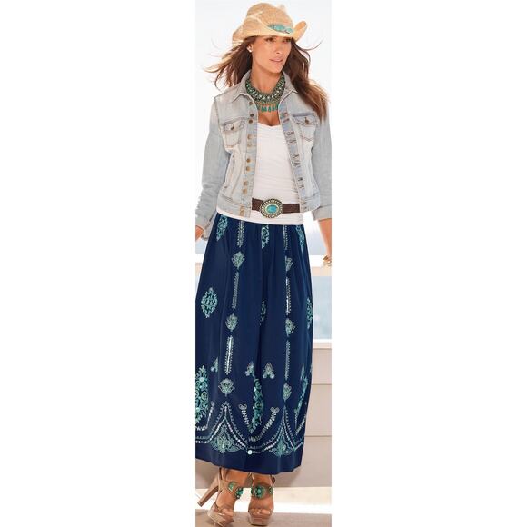 NWT Boston Proper Embroidered Boho Navy Maxi Skirt Women’s Size L - Picture 4 of 7